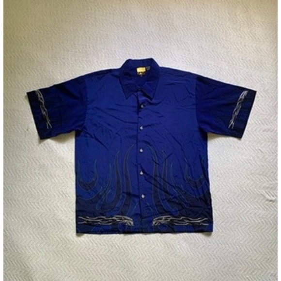 VTG‎ Y2K Dragonfly Blue Flame Tribal chrome skull Button Up Shirt rare Sz 2xl - Picture 1 of 4